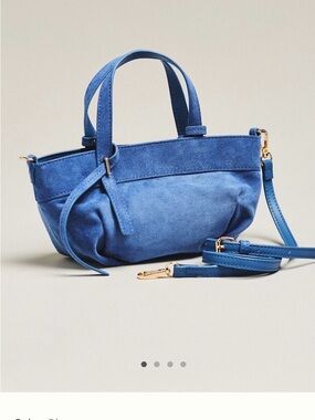 Anthropologie Blue Suede Mini Tote with Removable Strap and Gold Hardware